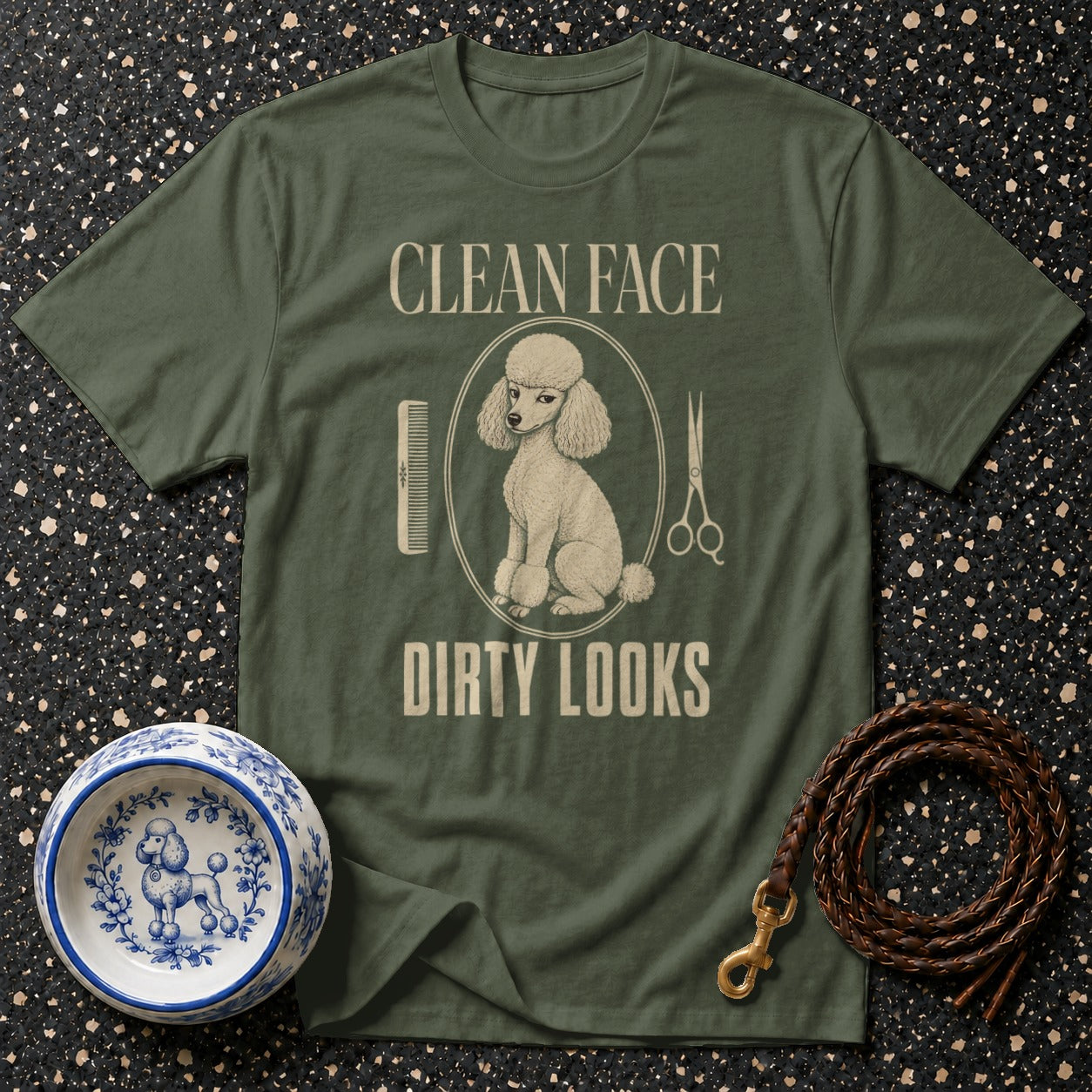 Green t-shirt with poodle graphic and "CLEAN FACE DIRTY LOOKS" text.
