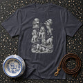 Dark grey t-shirt featuring a collection of sketched poodles and a decorative bowl with a poodle.