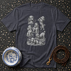 Dark grey t-shirt featuring a collection of sketched poodles and a decorative bowl with a poodle.