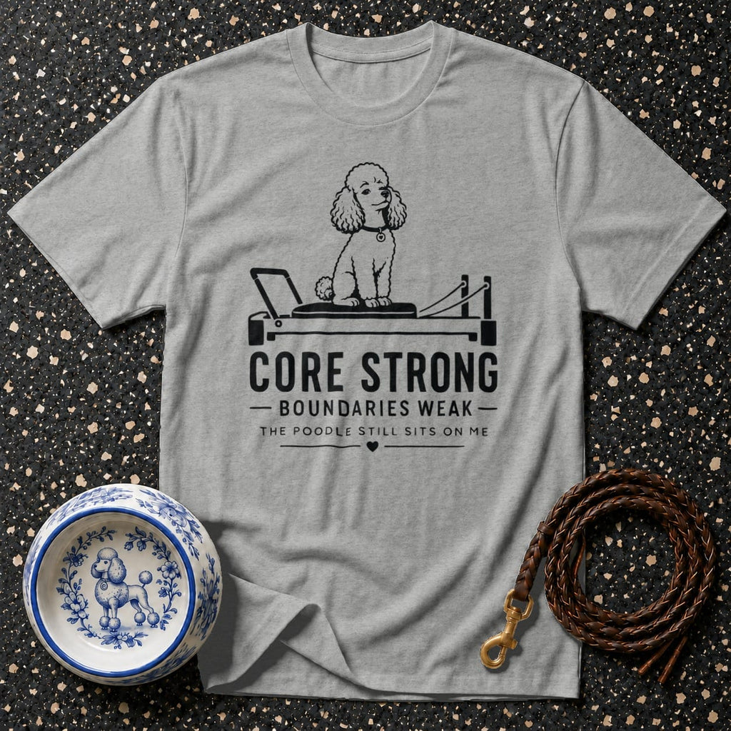 Grey t-shirt with poodle on a pilates reformer and text "Core Strong"