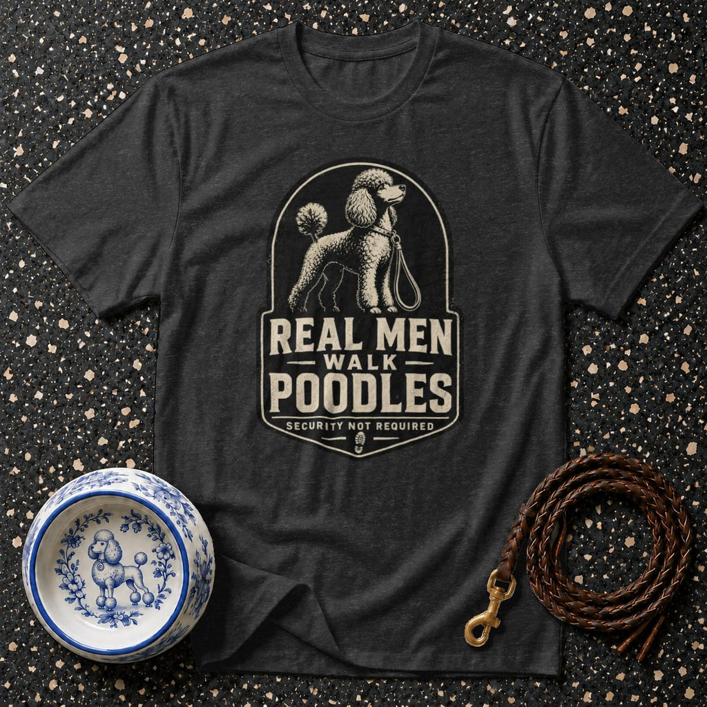 Dark grey t-shirt with "Real Men Walk Poodles" graphic, a dog bowl, and a leash.