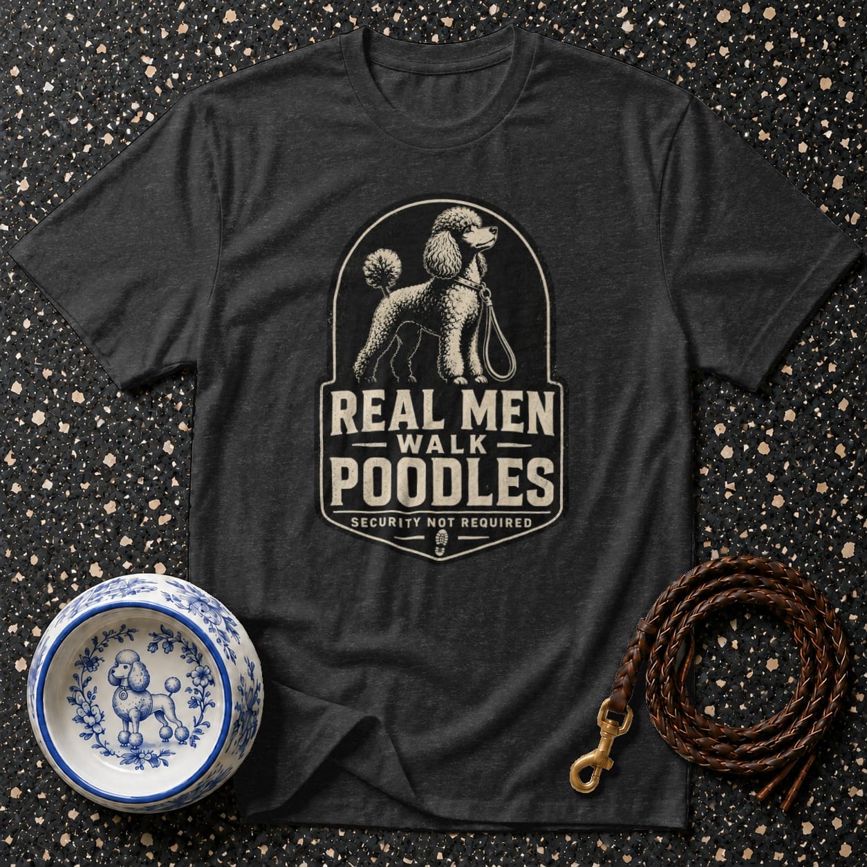 Dark grey t-shirt with "Real Men Walk Poodles" graphic, a dog bowl, and a leash.