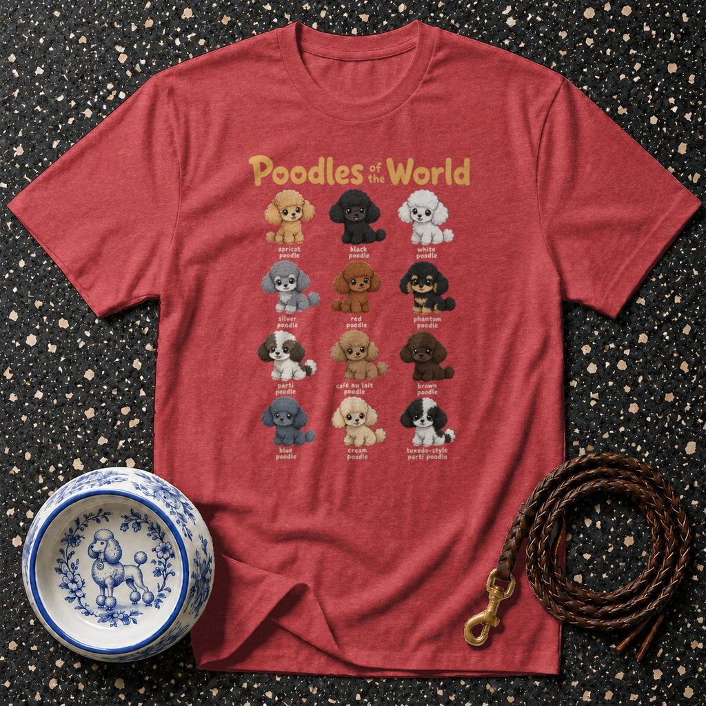 Red t-shirt with "Poodles of the World" print and illustrations of various poodle colors.