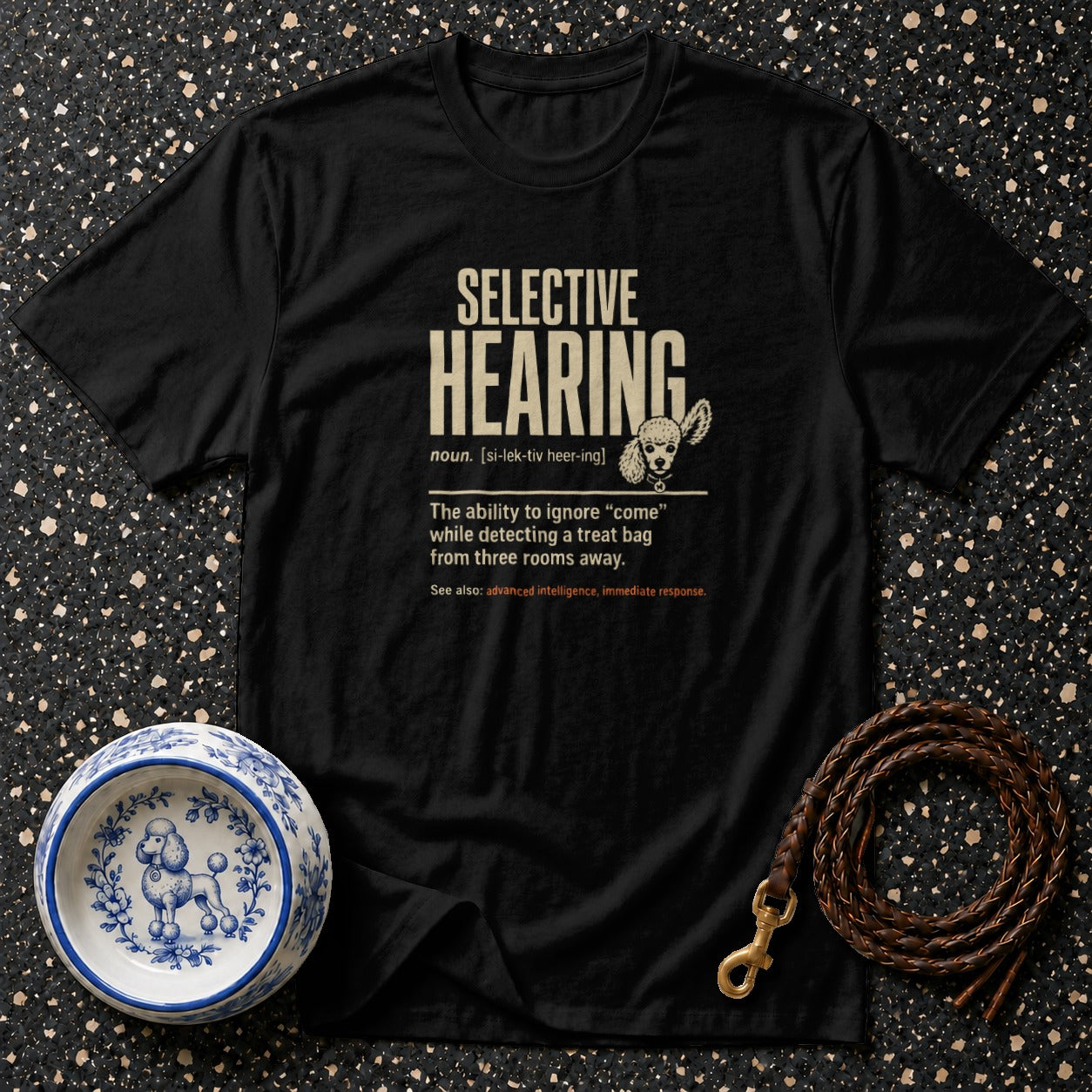 Black t-shirt with "Selective Hearing" definition and poodle illustration.