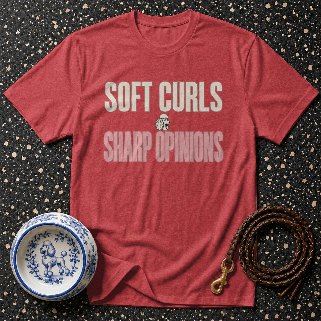 Red t-shirt with "SOFT CURLS SHARP OPINIONS" text and poodle graphic.
