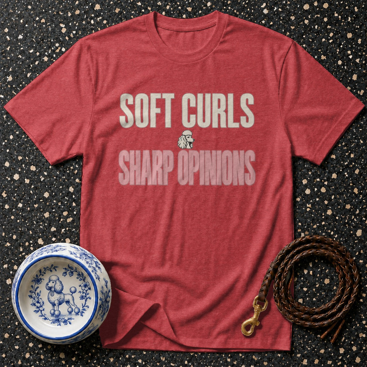 Red t-shirt with "SOFT CURLS SHARP OPINIONS" text and poodle graphic.