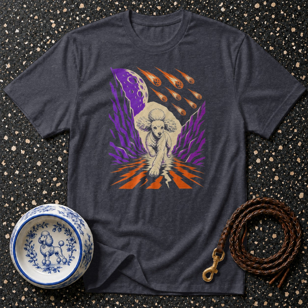 Dark t-shirt with a poodle running under a moon and meteors.