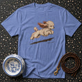 Blue t-shirt with a leaping poodle graphic and text "No further questions."