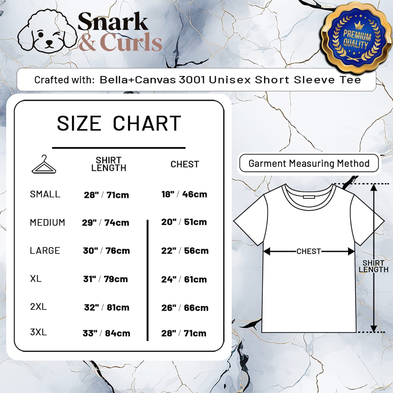 Size chart for Bella+Canvas 3001 unisex short sleeve tee with measurements.