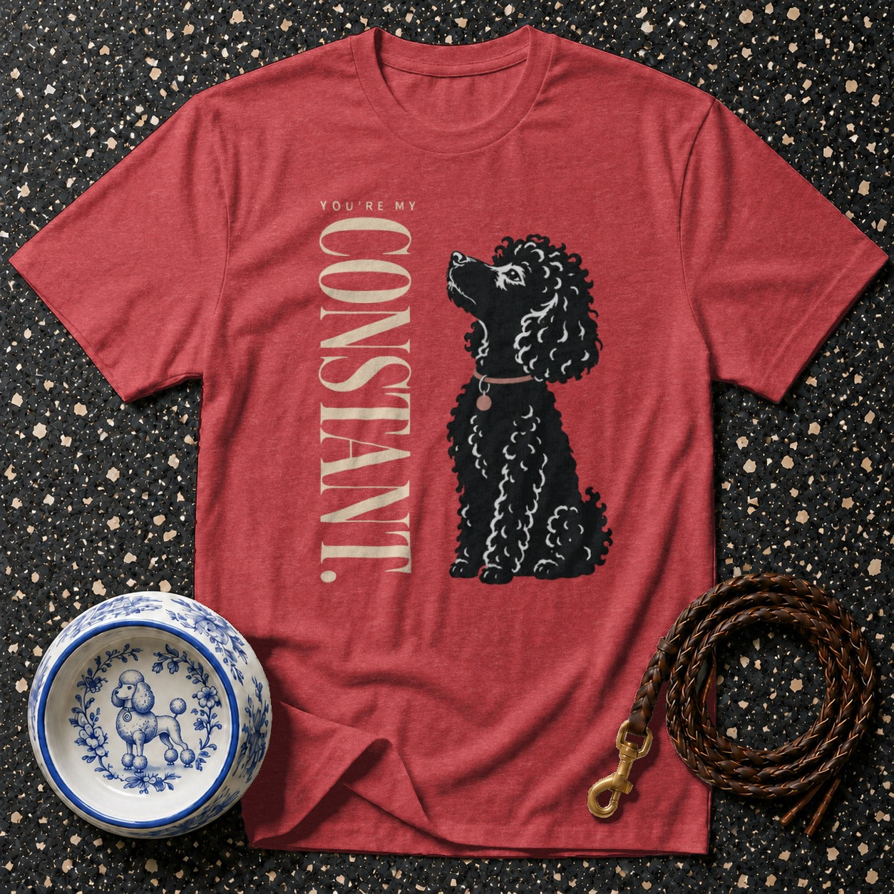 Red t-shirt with "You're My CONSTANT" text and black poodle graphic.