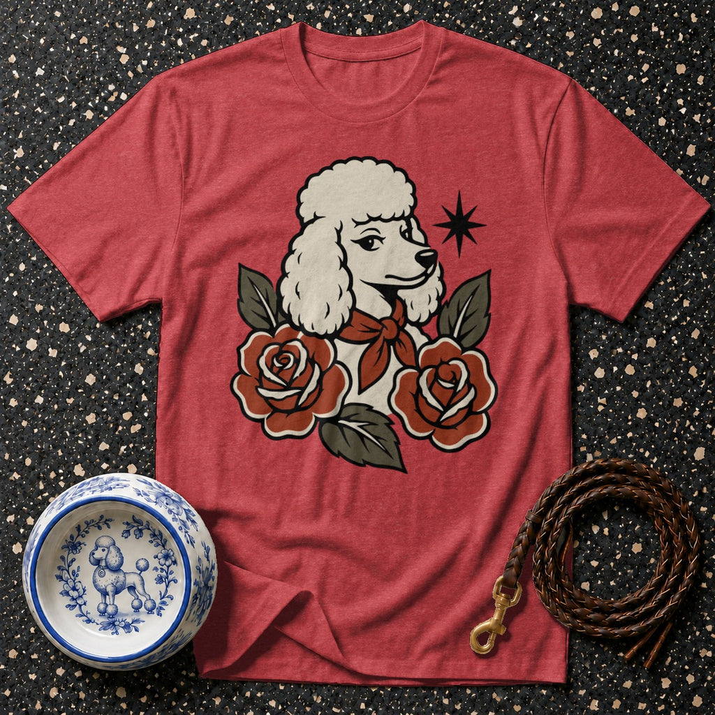 Red t-shirt with a poodle, roses, and star design.
