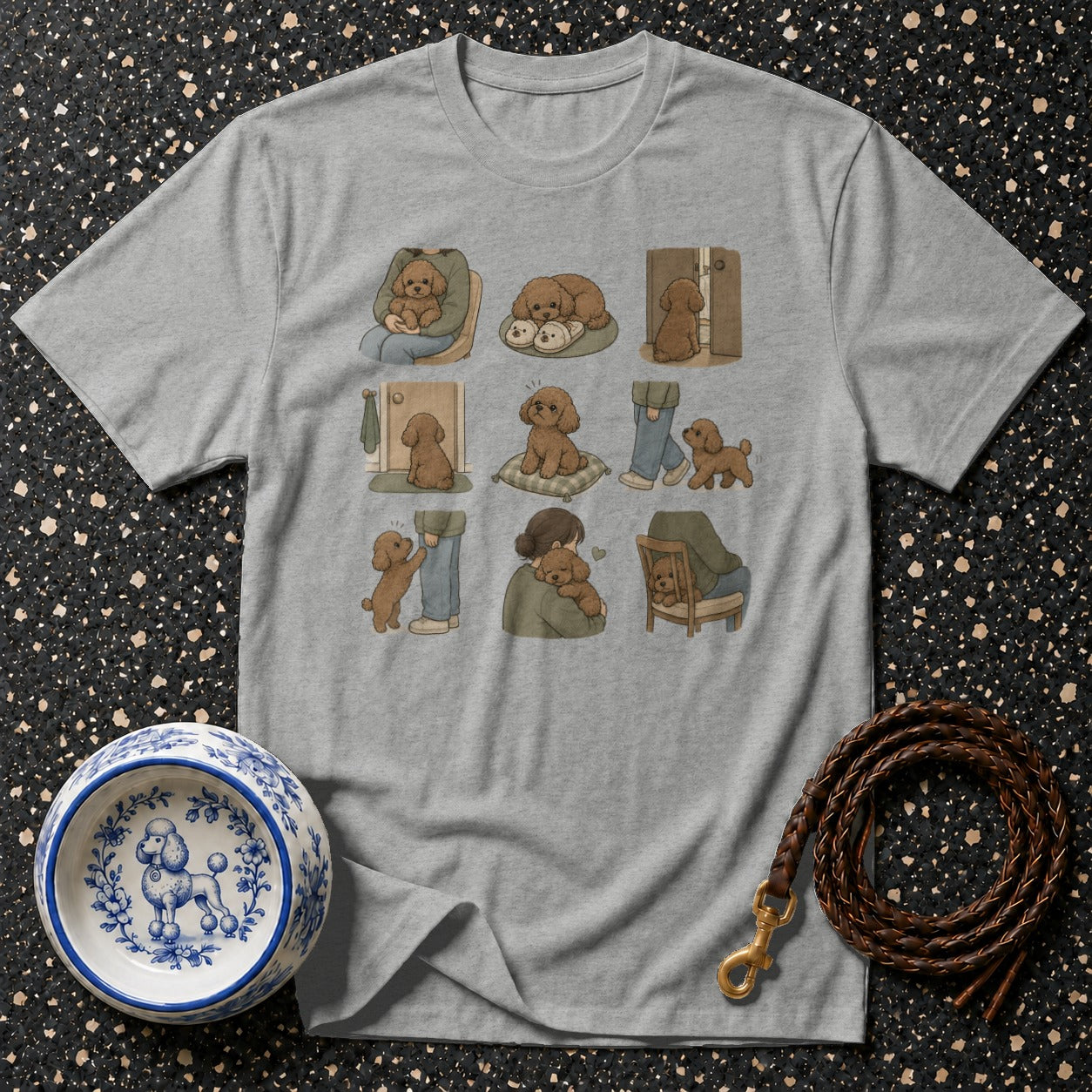 Grey t-shirt with a grid of nine illustrations of a brown poodle dog.