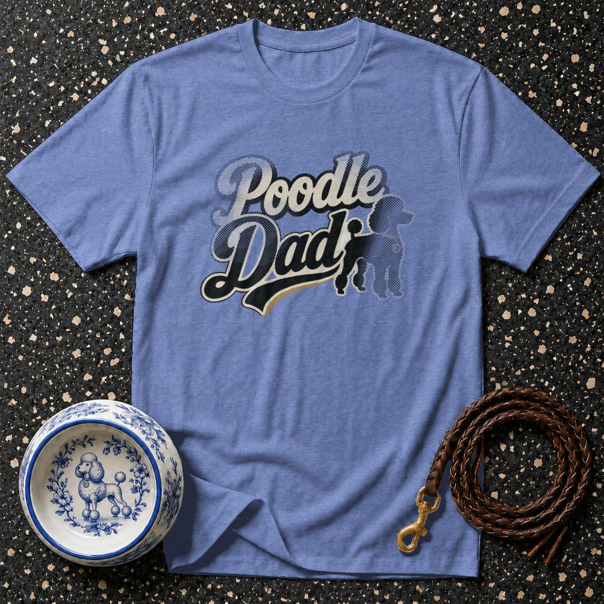 Blue t-shirt with "Poodle Dad" text and poodle silhouette.