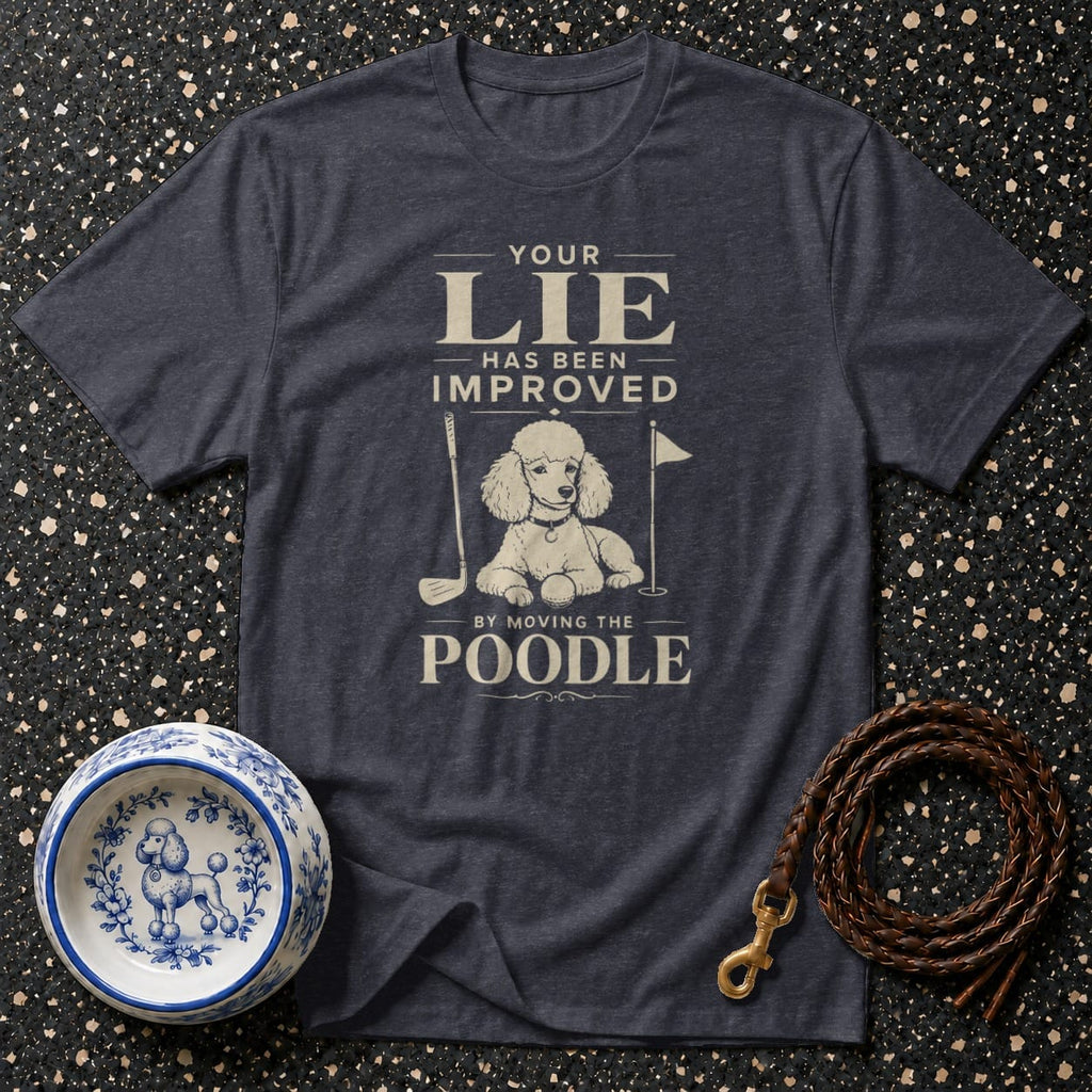 Dark blue t-shirt with a poodle on a golf course graphic and text.