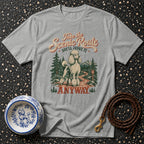 Grey t-shirt graphic of poodle on scenic route with text "Take the Scenic Route She'll Judge It Anyway".