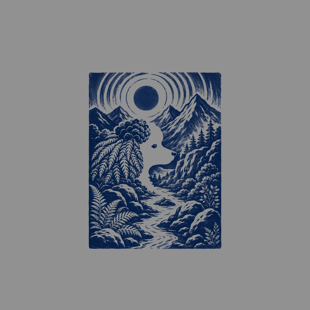 Illustration of a wolf's profile merging with a mountain river landscape and a moon.