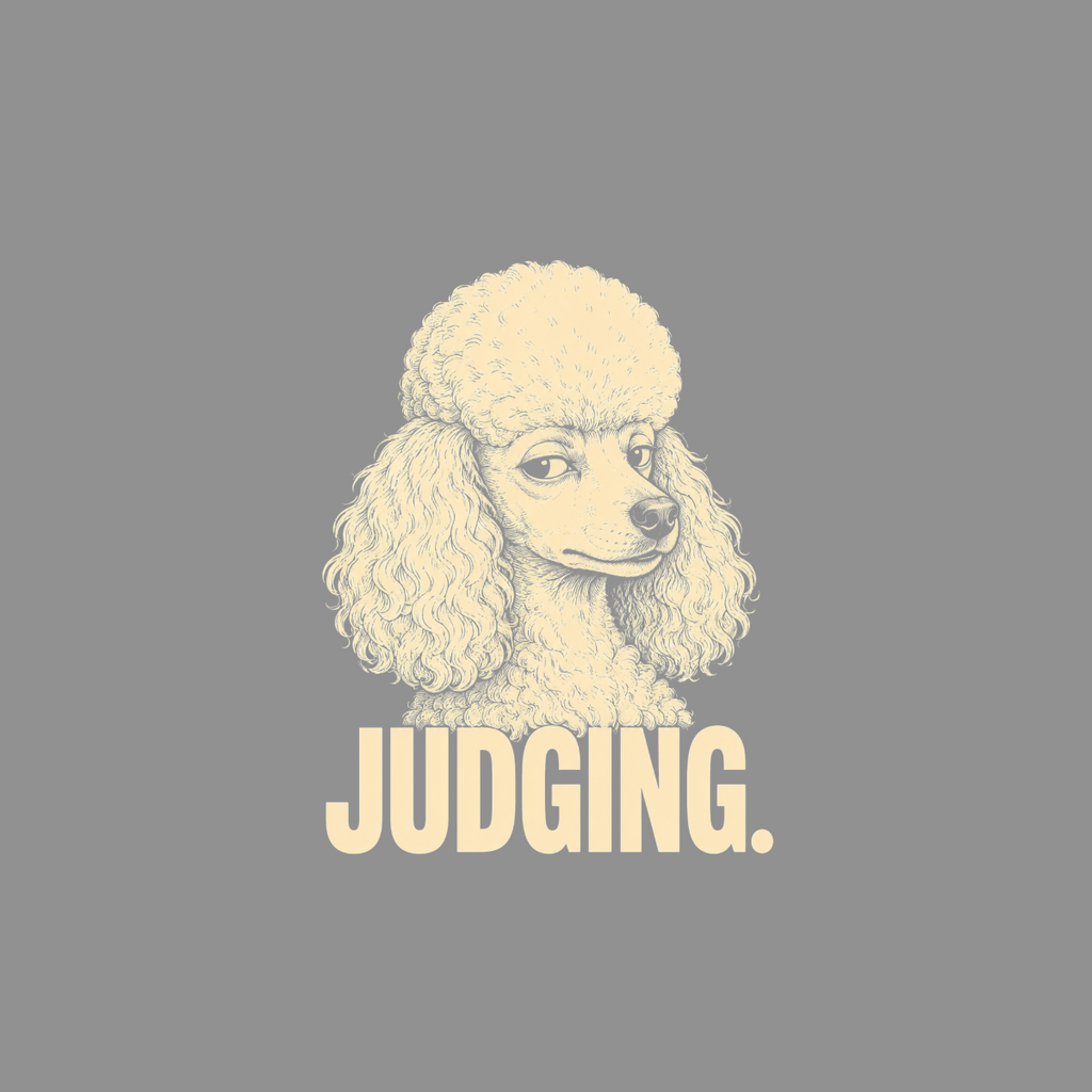 Illustration of a poodle with the word "JUDGING." below it.