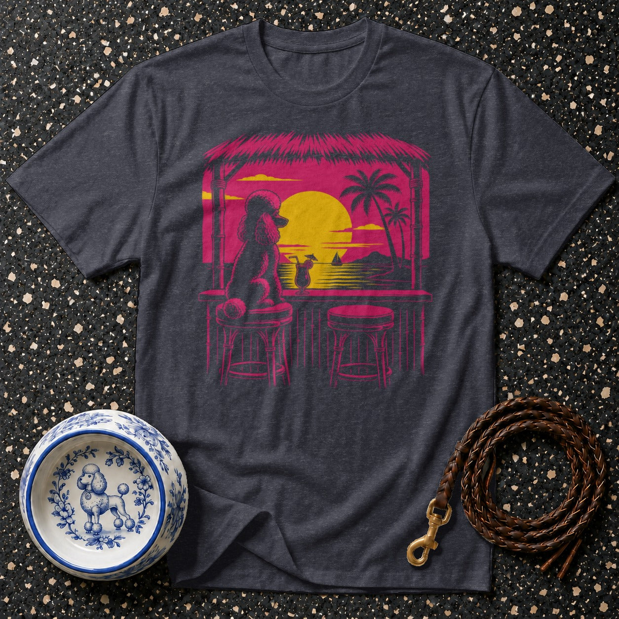 Poodle at a tropical bar during sunset graphic tee.