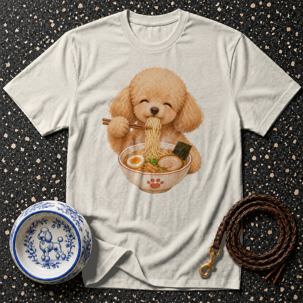 T-shirt with cartoon poodle eating ramen, next to a dog bowl and leash.