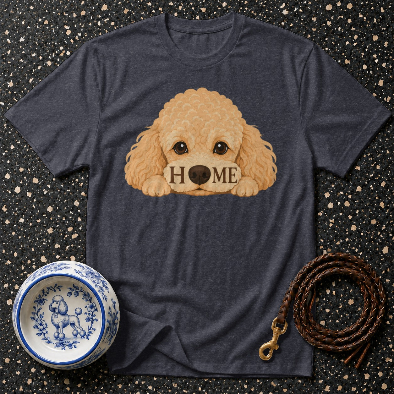 Dark gray t-shirt with a fluffy dog graphic and the word "HOME".