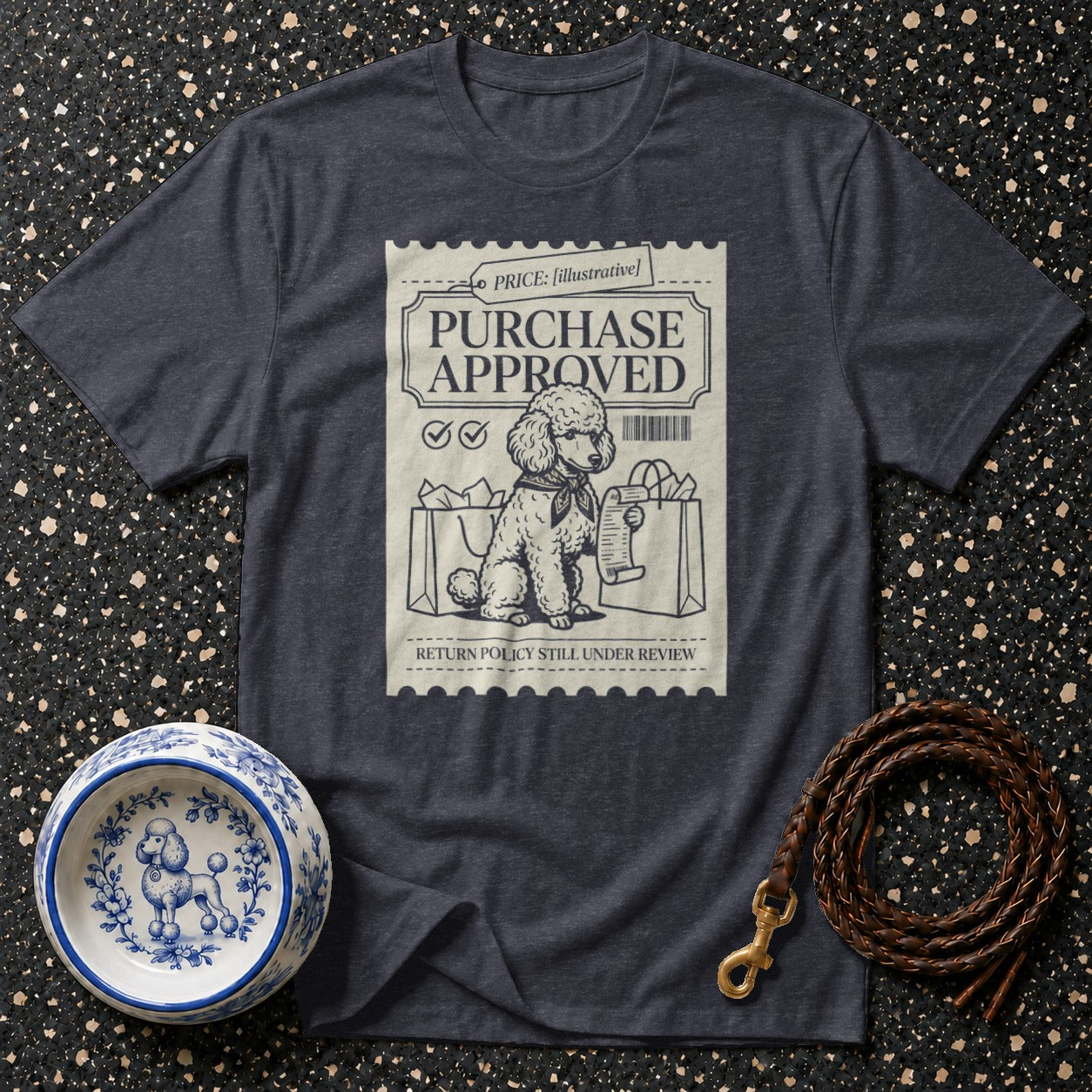 T-shirt with "Purchase Approved" stamp design and poodle illustration.