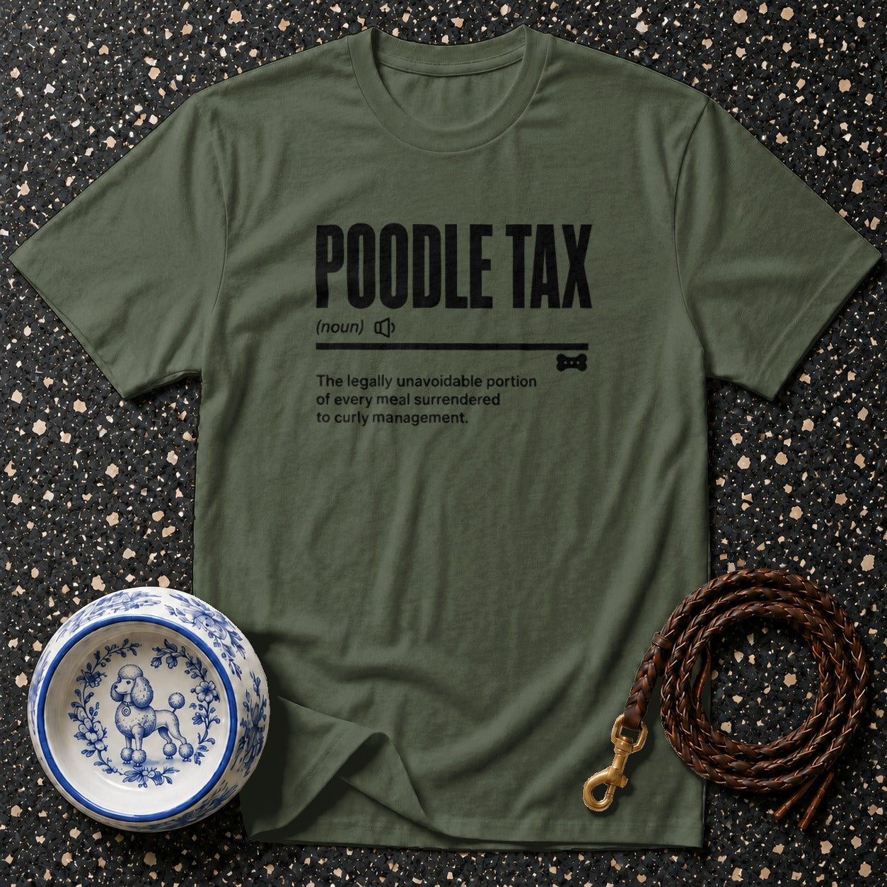Green t-shirt with black text "POODLE TAX" and its definition about curly management.