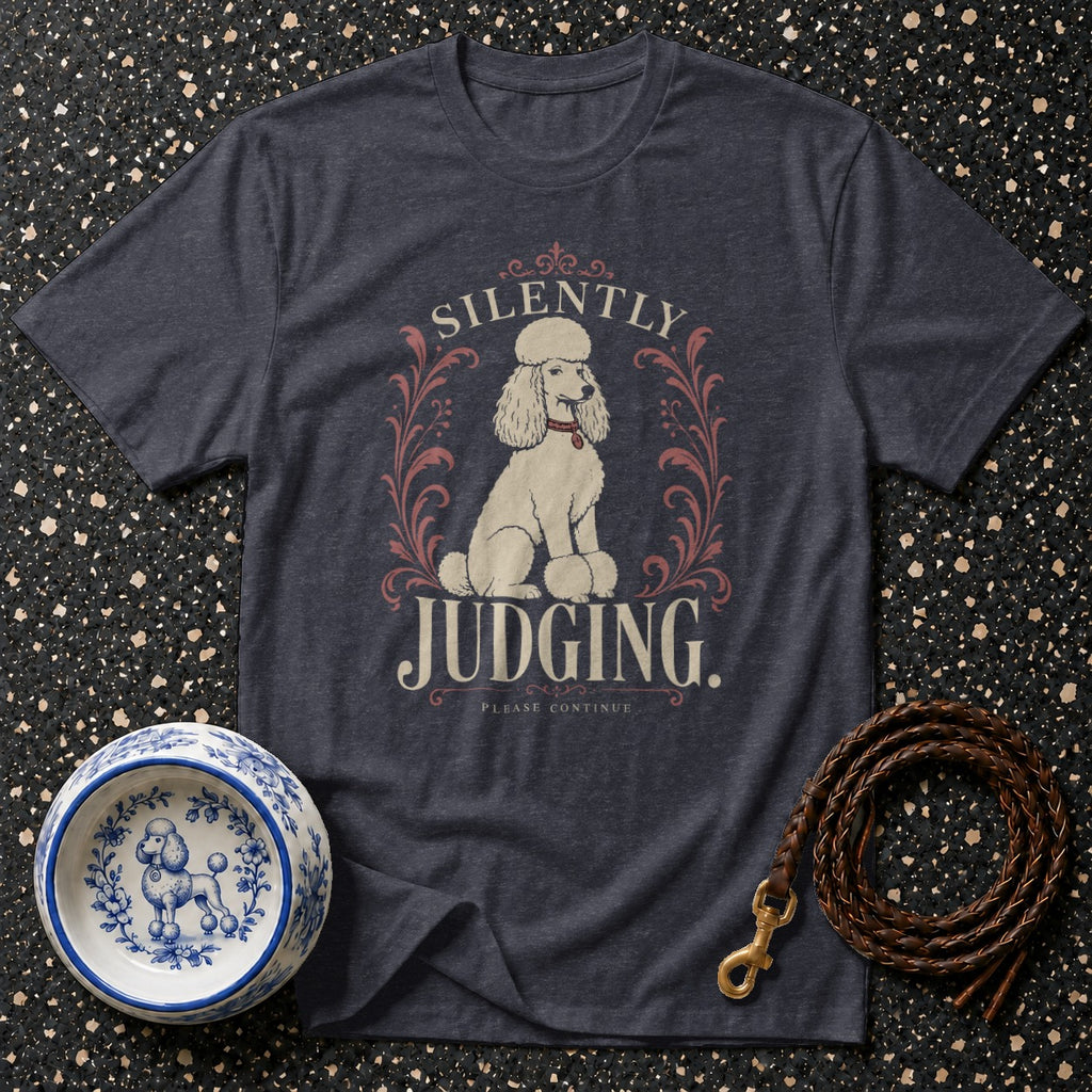 Dark t-shirt with "Silently Judging" text and a poodle graphic.