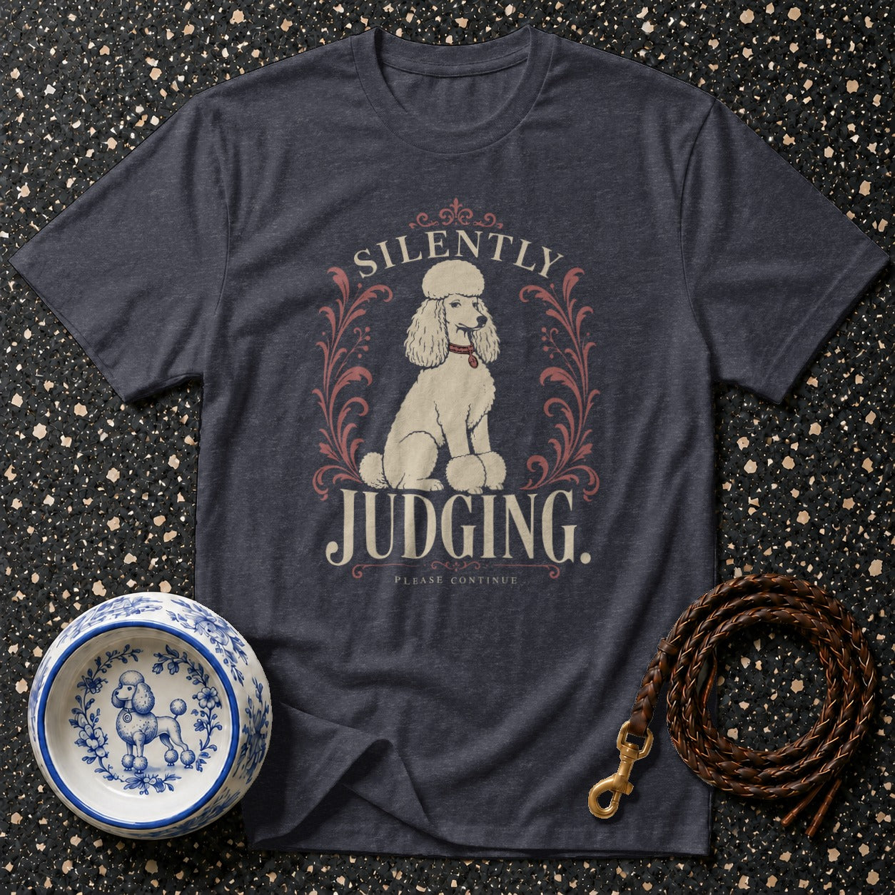 Dark t-shirt with "Silently Judging" text and a poodle graphic.