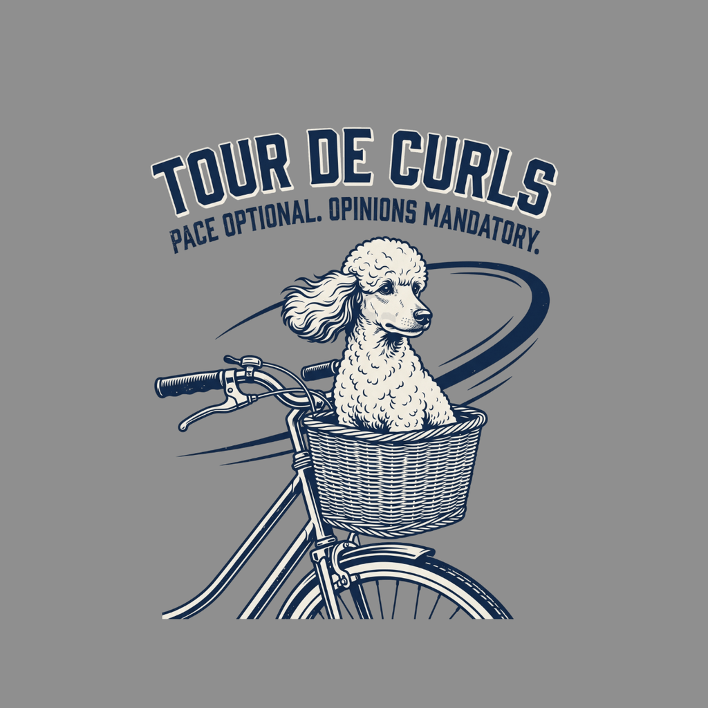 Poodle in a bicycle basket with text "Tour de Curls".