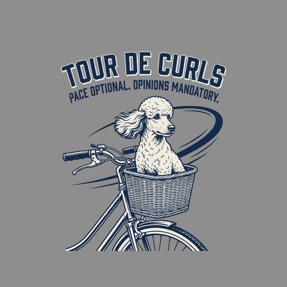 Poodle in a bicycle basket with text "Tour de Curls".