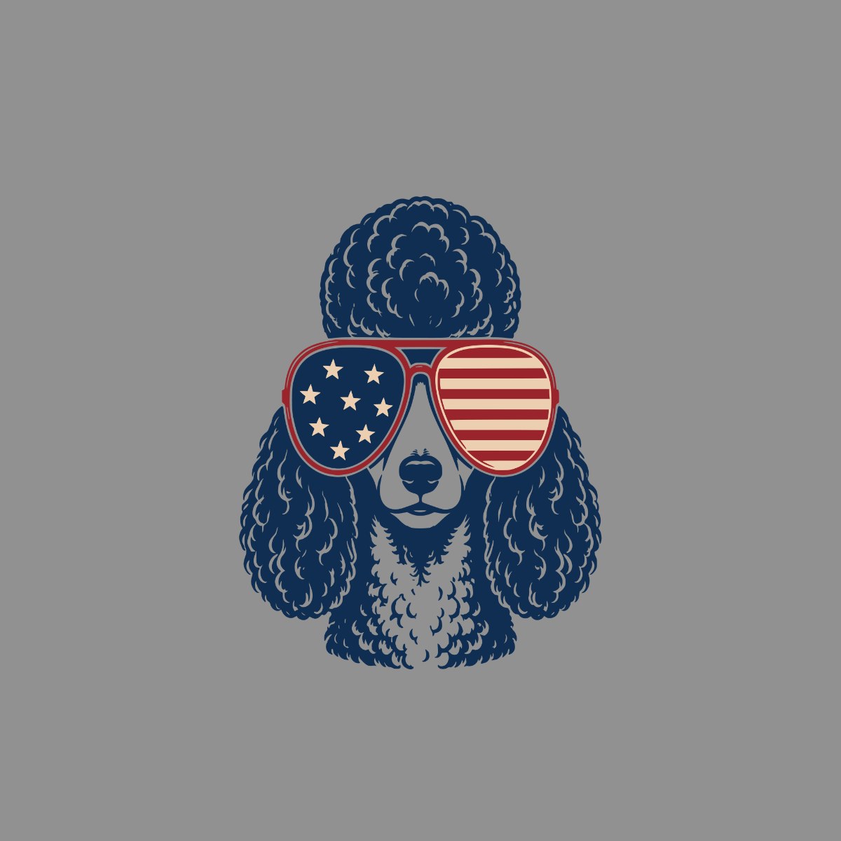 Dark blue poodle wearing red, white, and blue American flag sunglasses.