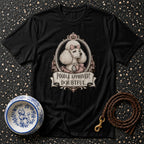 Black t-shirt graphic of a poodle wearing a crown and bow, with text "Poodle Approved? Doubtful."