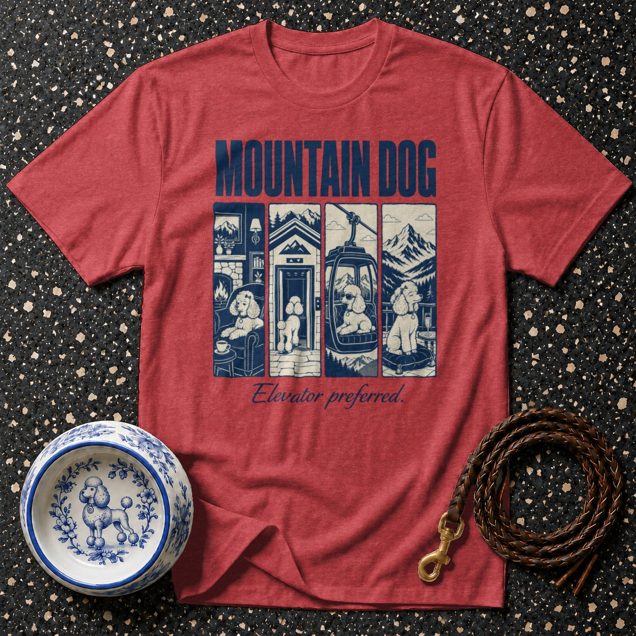 Red t-shirt with "Mountain Dog" and four poodle scenes, plus "Elevator preferred."
