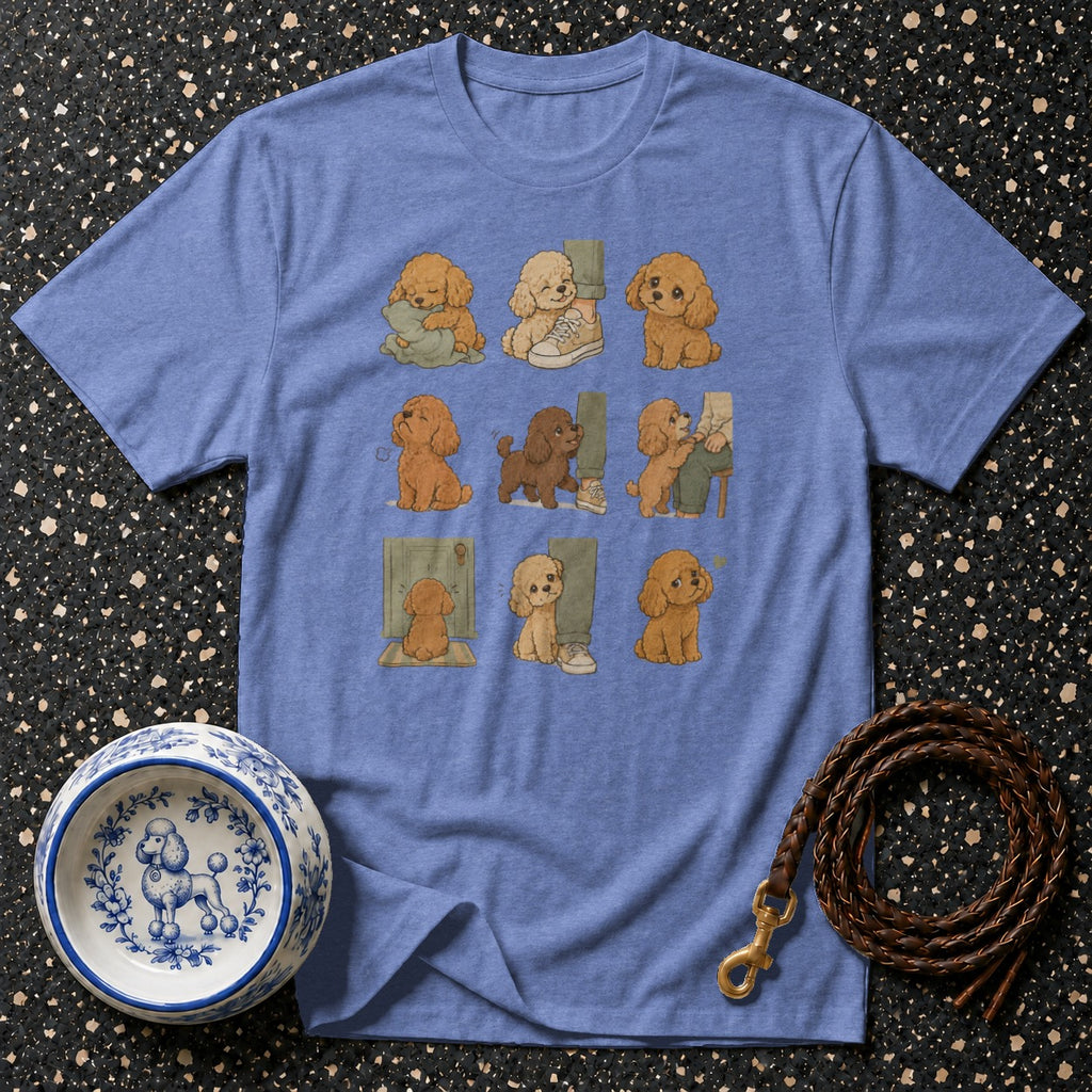 T-shirt with a nine-panel illustration of adorable poodles in different situations.