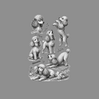 Six poodles in various poses, with a comb and floral elements.