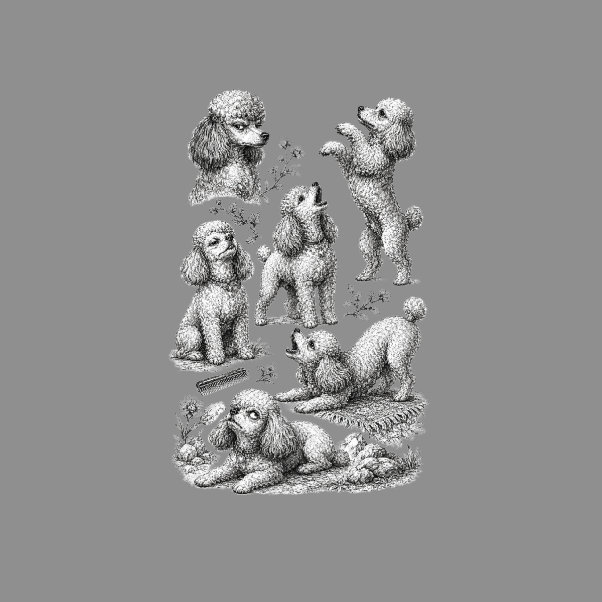 Six poodles in various poses, with a comb and floral elements.
