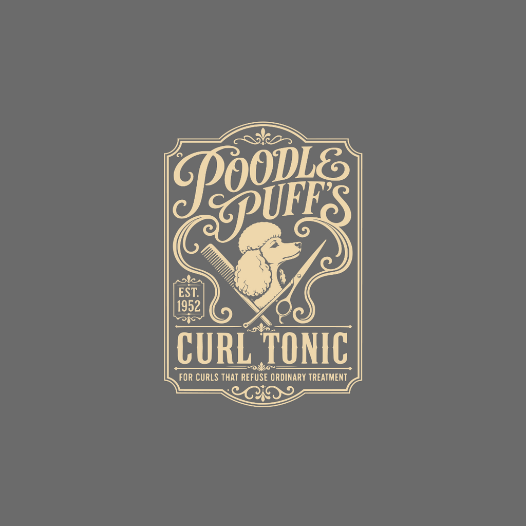 Poodle Puff's Curl Tonic logo with poodle, comb, scissors, and established date.