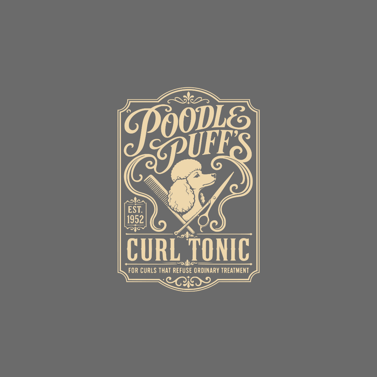 Poodle Puff's Curl Tonic logo with poodle, comb, scissors, and established date.