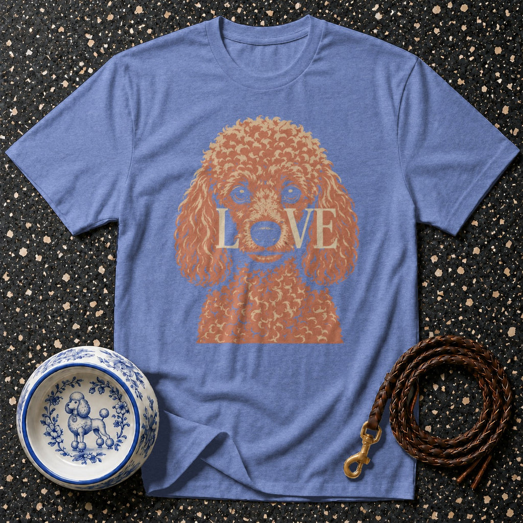 Blue t-shirt with poodle graphic and "LOVE" text, dog bowl, and leash.