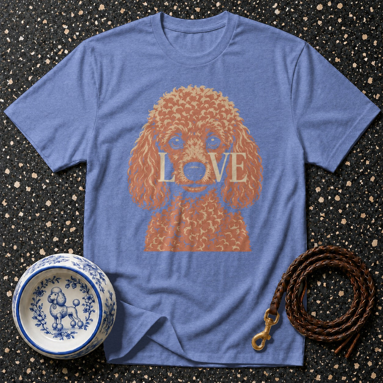 Blue t-shirt with poodle graphic and "LOVE" text, dog bowl, and leash.