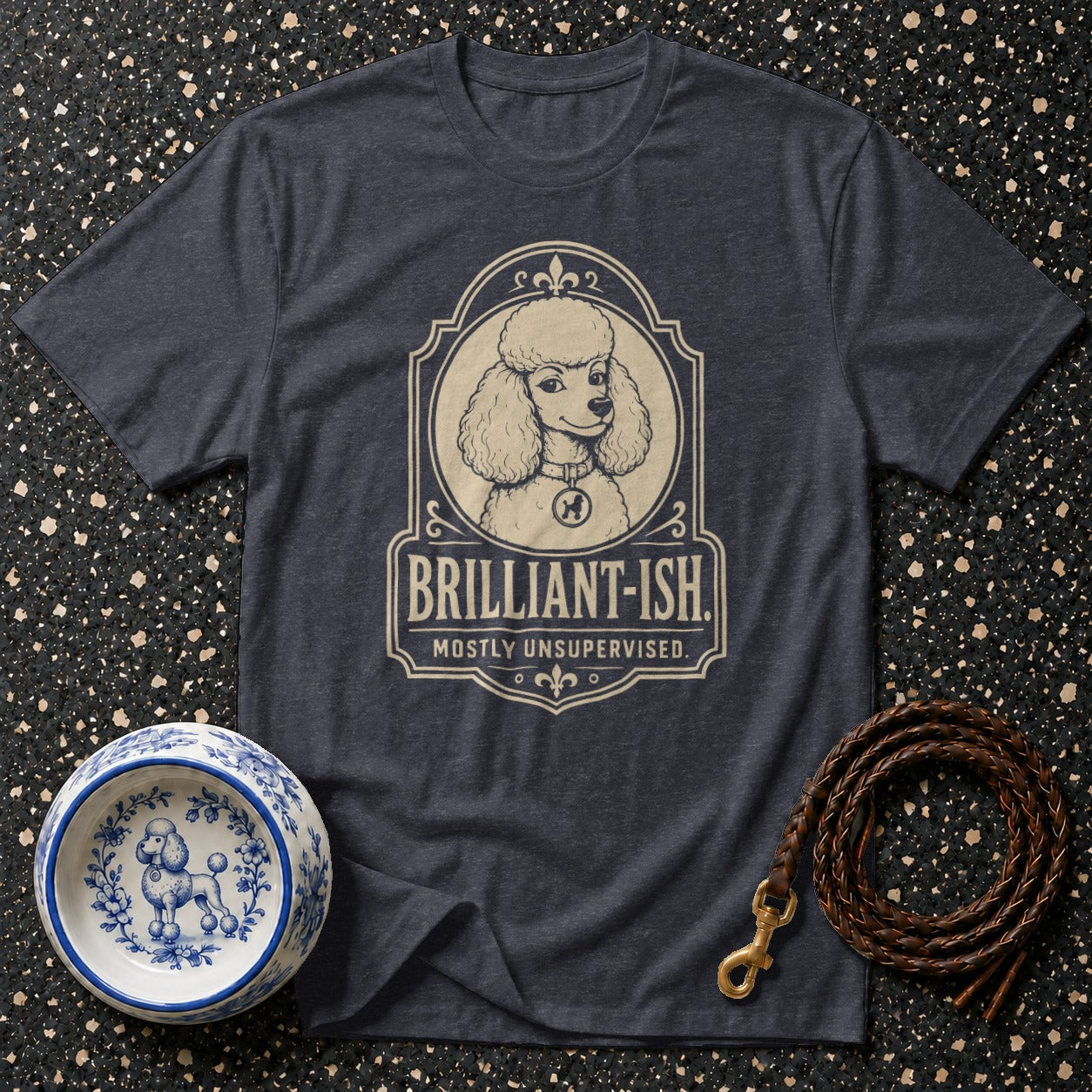 Dark t-shirt with poodle graphic and text "Brilliant-ish. Mostly Unsupervised."