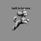 Black and white illustration of a poodle mid-jump with text "built to bounce."