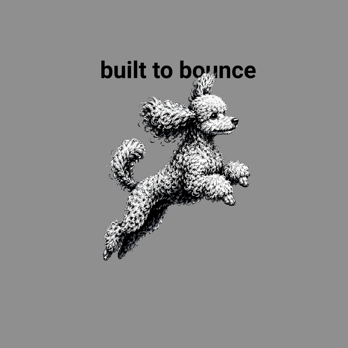 Black and white illustration of a poodle mid-jump with text "built to bounce."