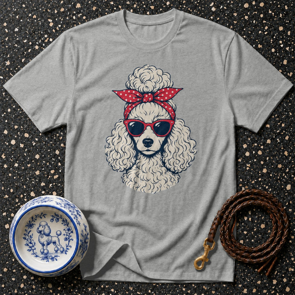 T-shirt with a graphic of a poodle wearing sunglasses and a bandana.