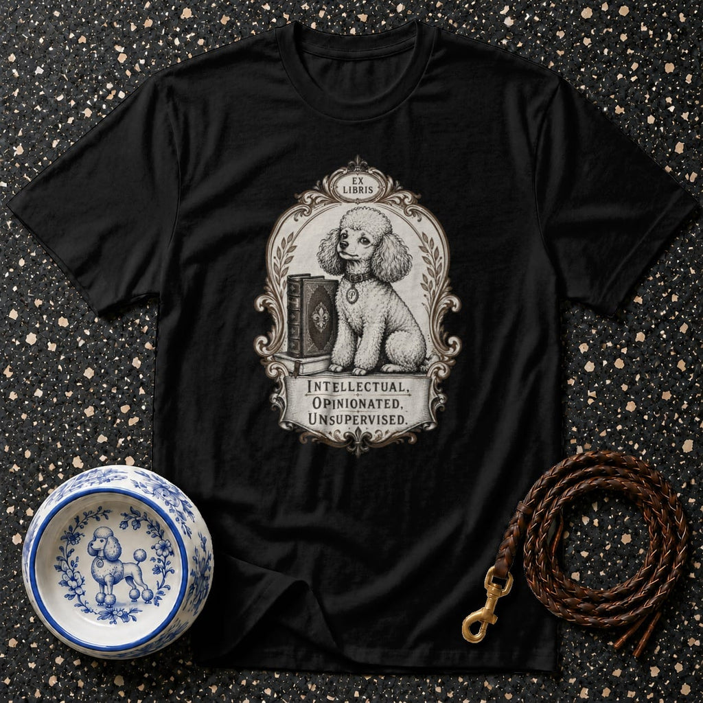 Black t-shirt with a poodle. "Ex Libris" and text on the print.