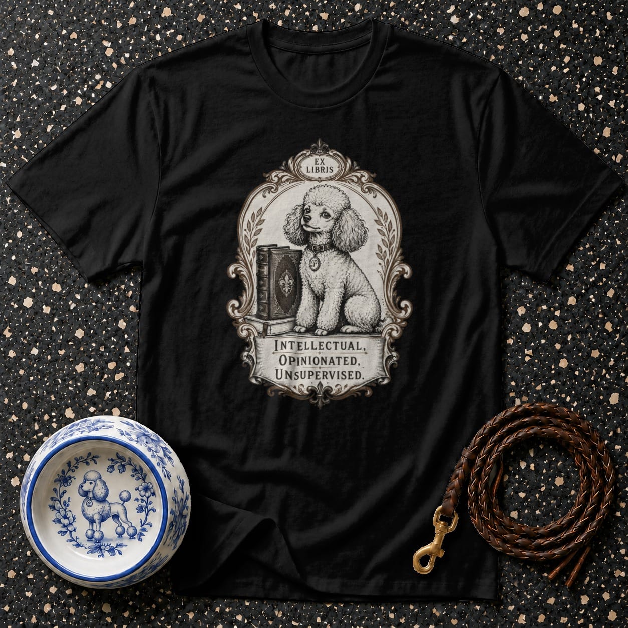 Black t-shirt with a poodle. "Ex Libris" and text on the print.
