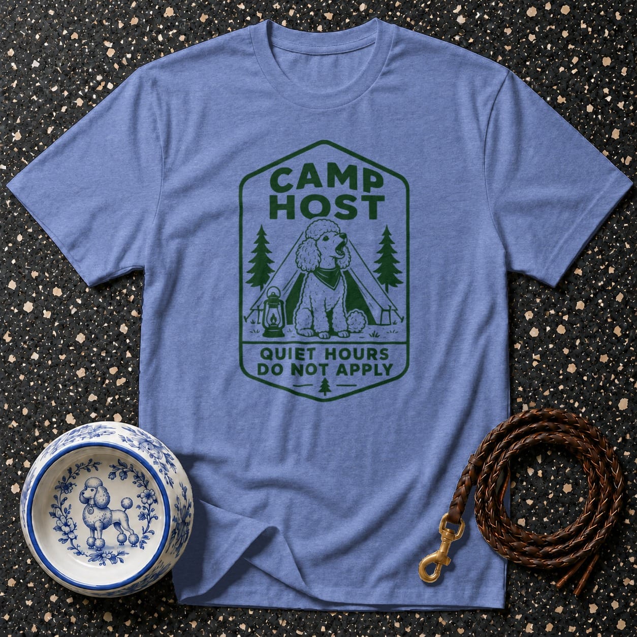 Blue t-shirt with green "Camp Host Quiet Hours Do Not Apply" graphic featuring a poodle and tent.