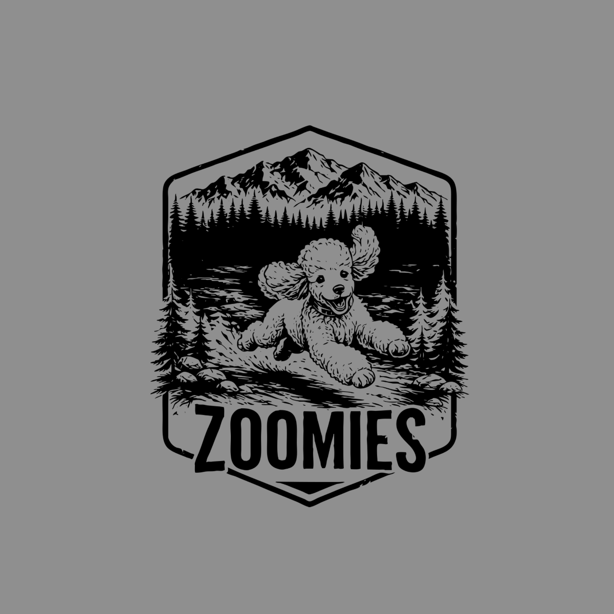 Poodle running through mountains with "ZOOMIES" text in a shield.