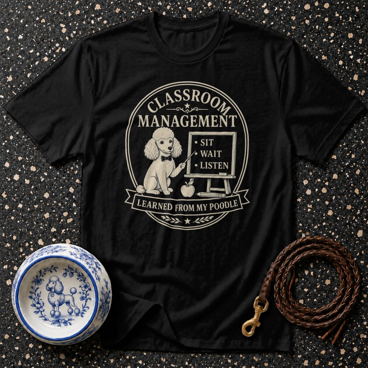 Black t-shirt with poodle graphic teaching "Sit, Wait, Listen" and "Classroom Management."