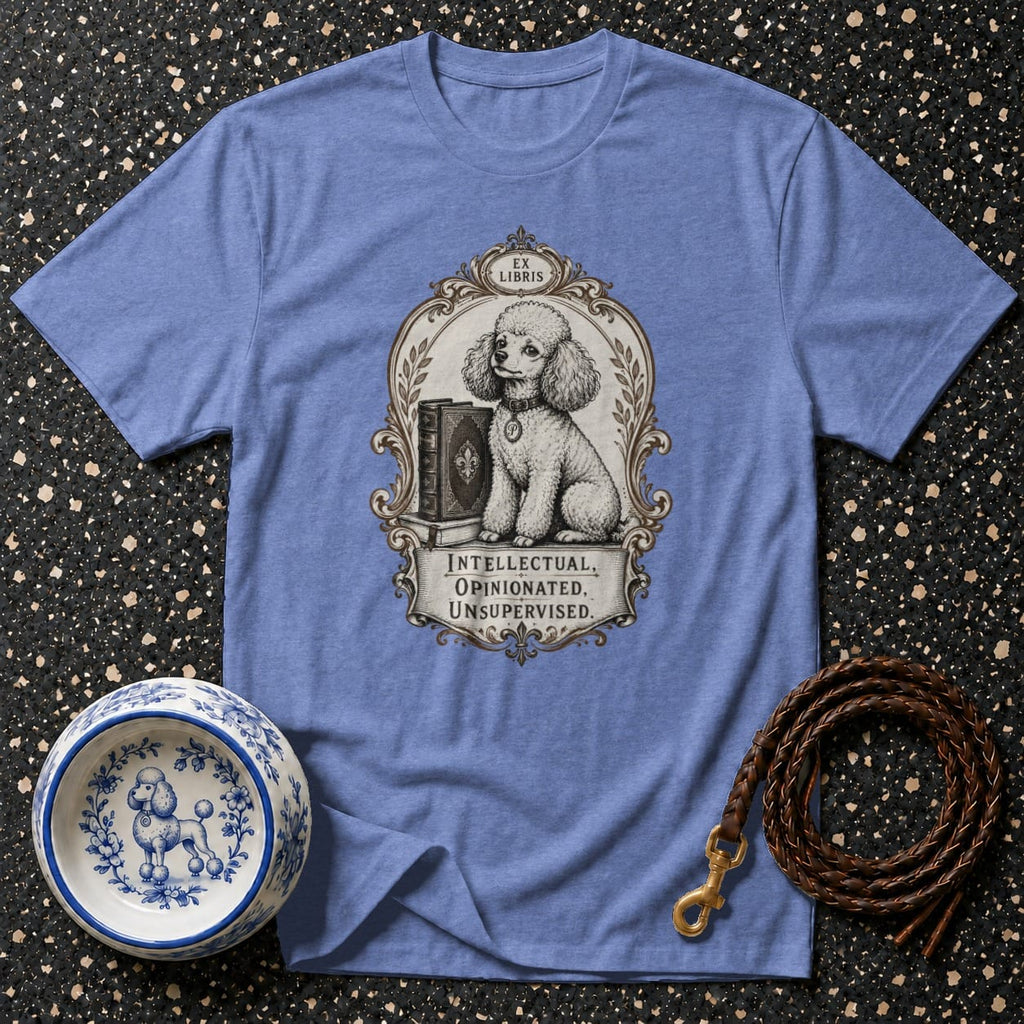 T-shirt with poodle illustration, books, and text "Intellectual, Opinionated, Unsupervised".